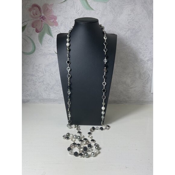 Long Layered Multi-Color Beaded Necklace With Silver-Tone Chain & Lobster Clasp - Picture 1 of 4